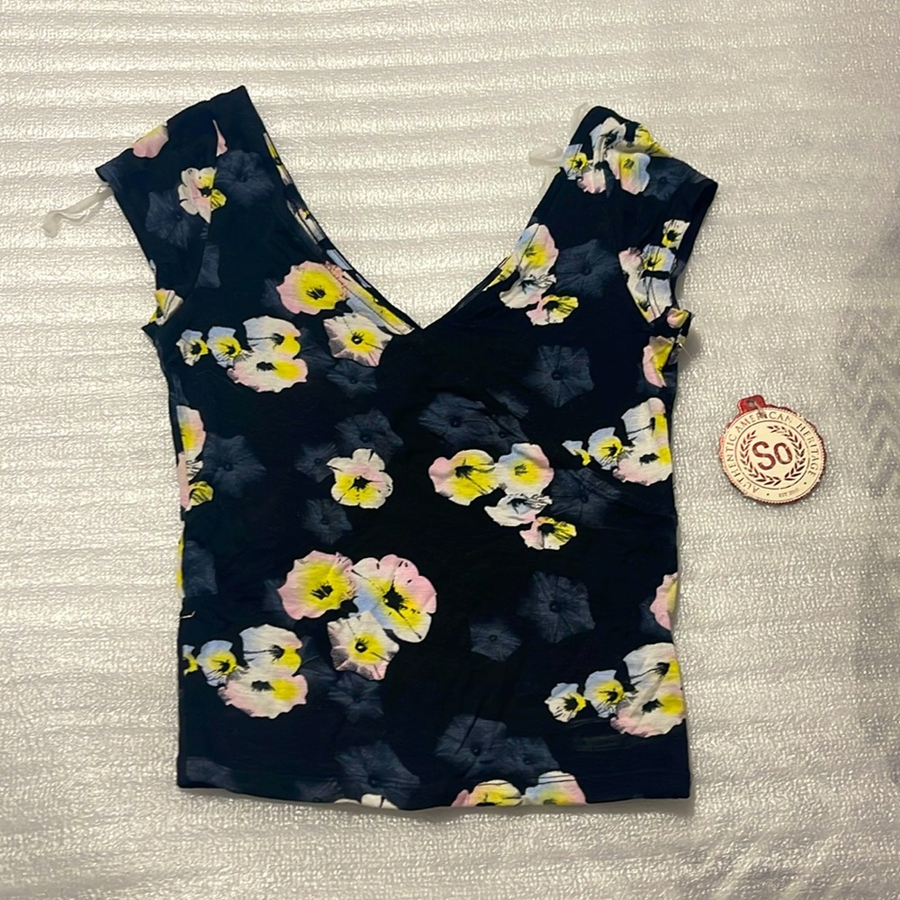 Black with Pink & Yellow Flower Pattern Crop Top Size XS NWT